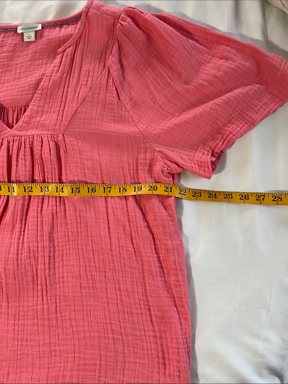 Sundance KAORI cotton crinkle gauze coral pullover short bell sleeves vneck LG - Picture 8 of 9